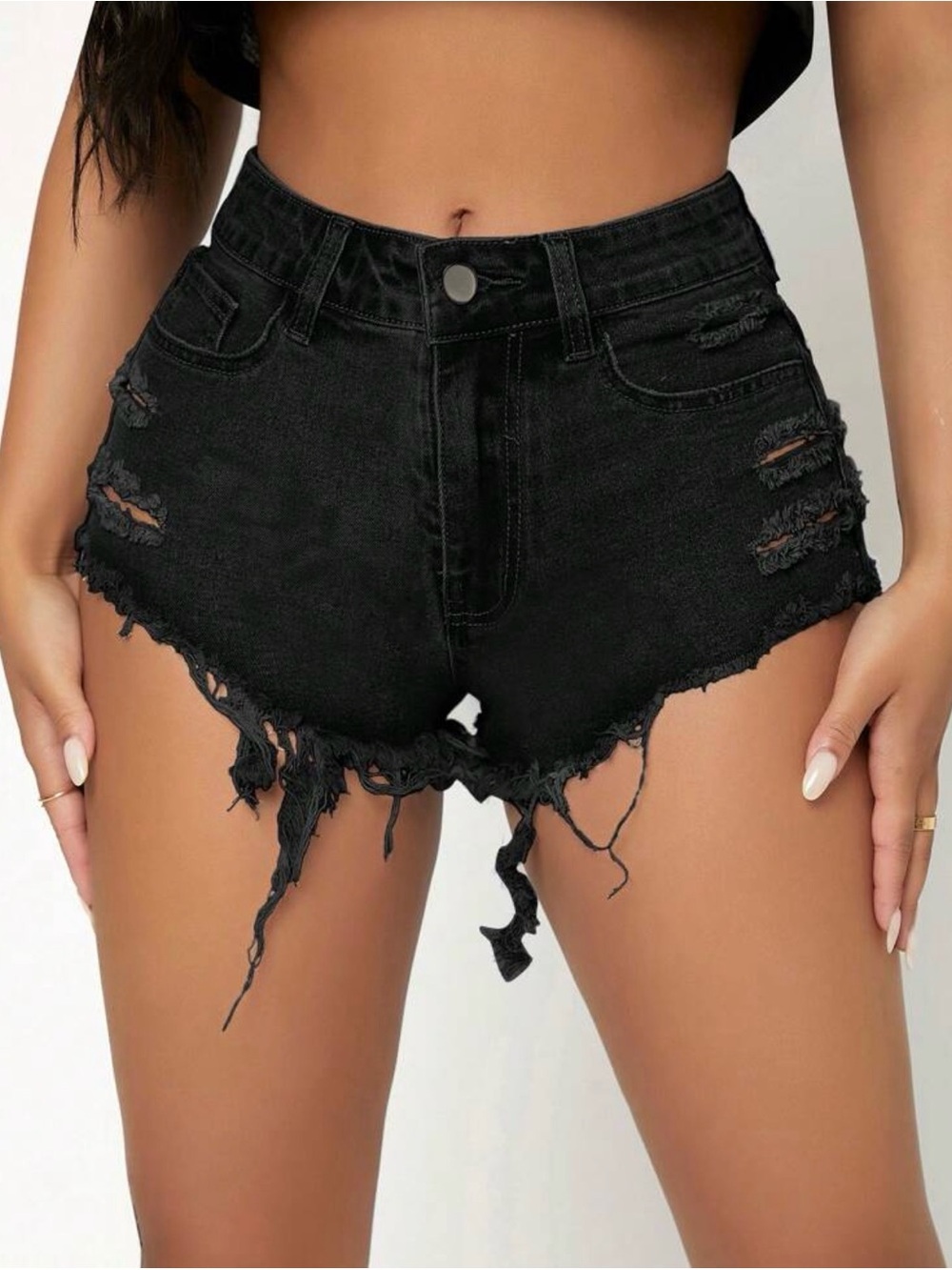 SHEIN Black High-Rise Distressed Cutoff Denim Shorts